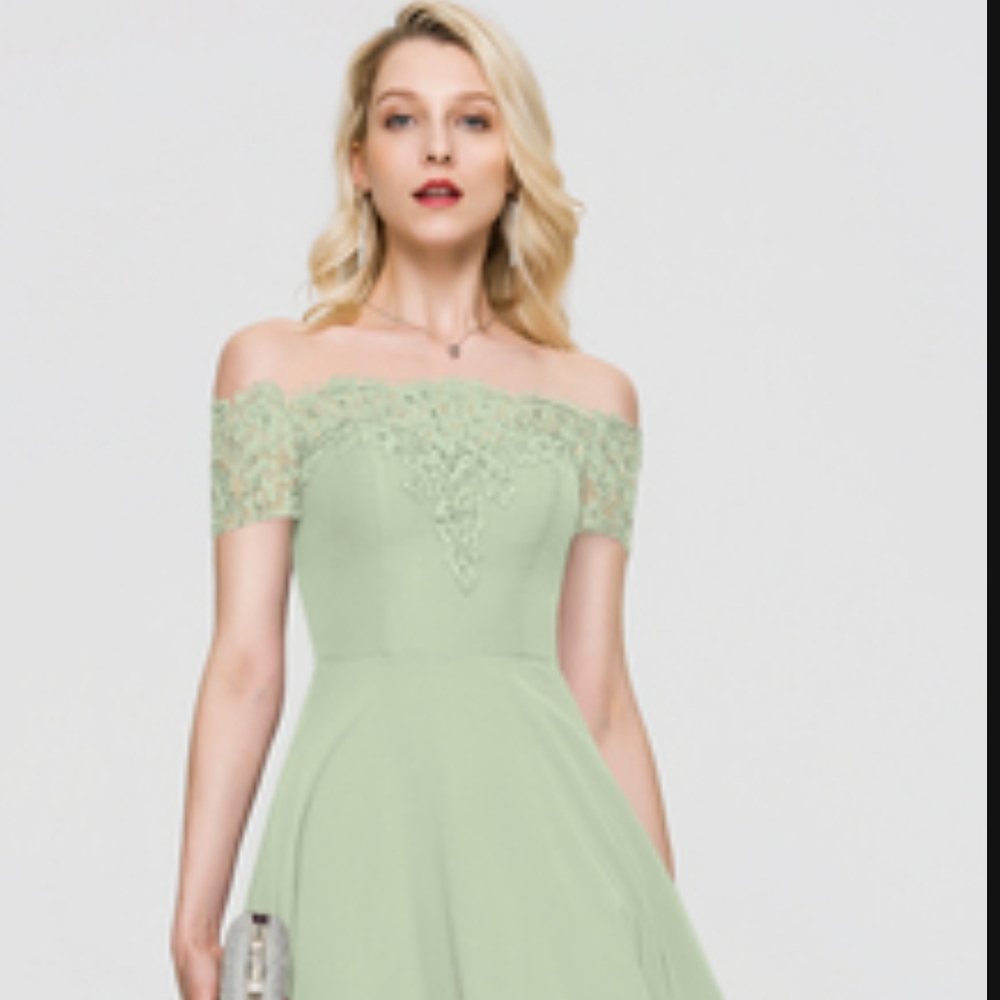 Green Off-Shoulder A-Line Dress for Wedding Guest